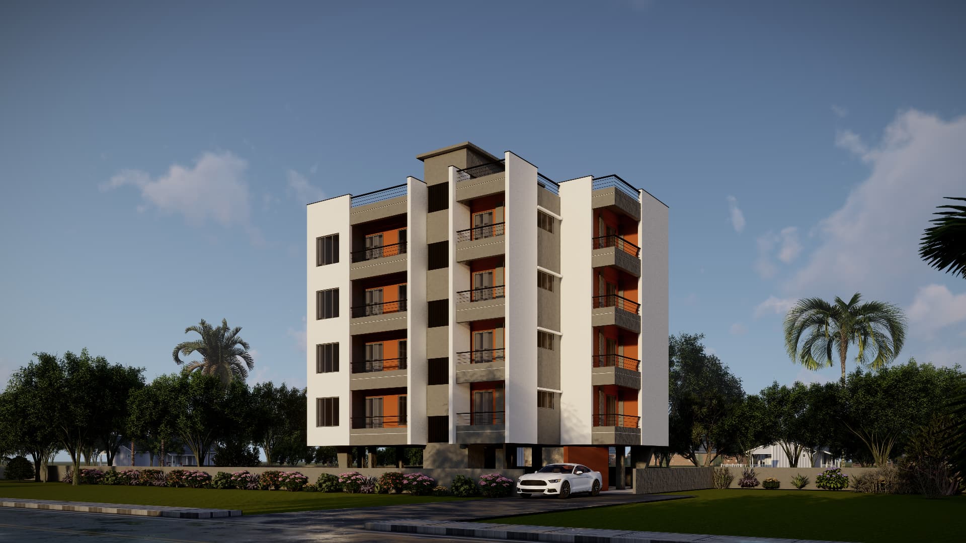 Arunya corner view render showing balconies