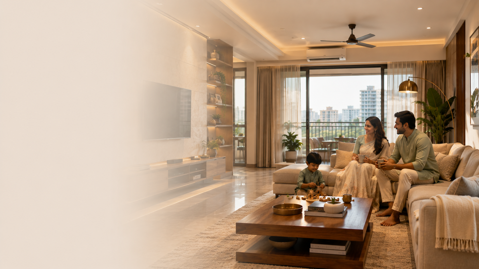 Family relaxing in a bright, thoughtfully designed apartment living room by Vidhara Ventures